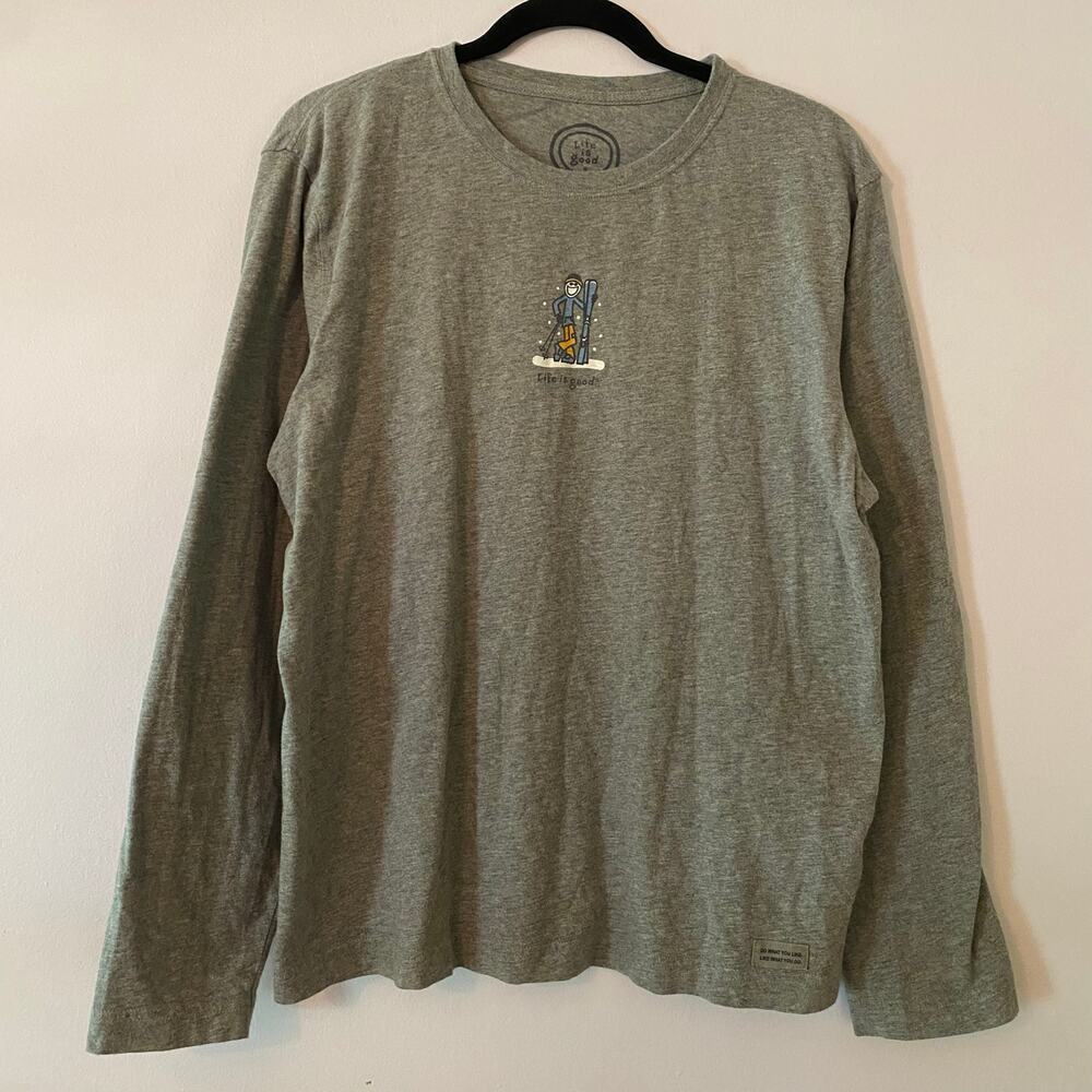 Life Is Good Gray Long Sleeve Tee Winter Ski Snow Loungewear Women's size Large